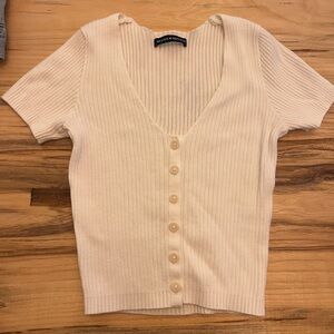 Brandy Melville Beige Ribbed V-Neck Top
